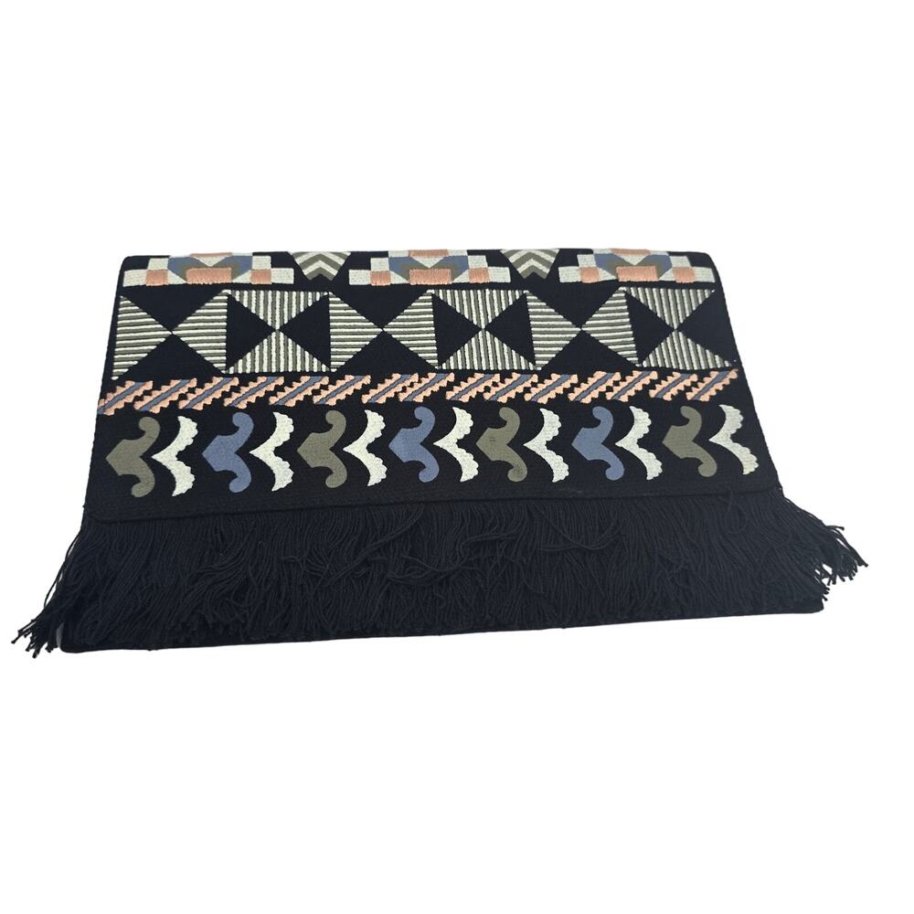 Stella & Dot New Aztec Embroidered Fringed Clutch Bag Boho Black Geometric